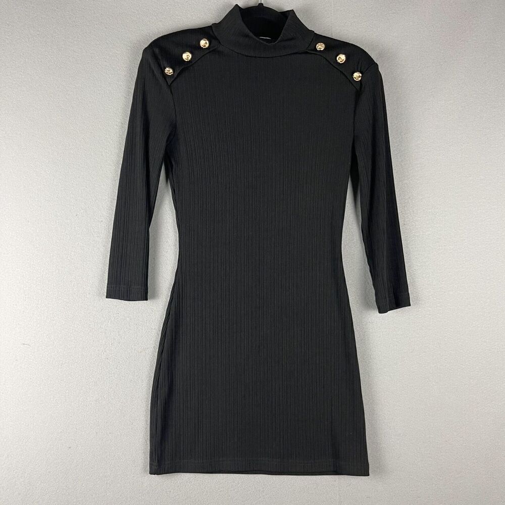 Vintage Walter Baker Dress Womens Small Black Gold Button Ribbed Mini Bodycon